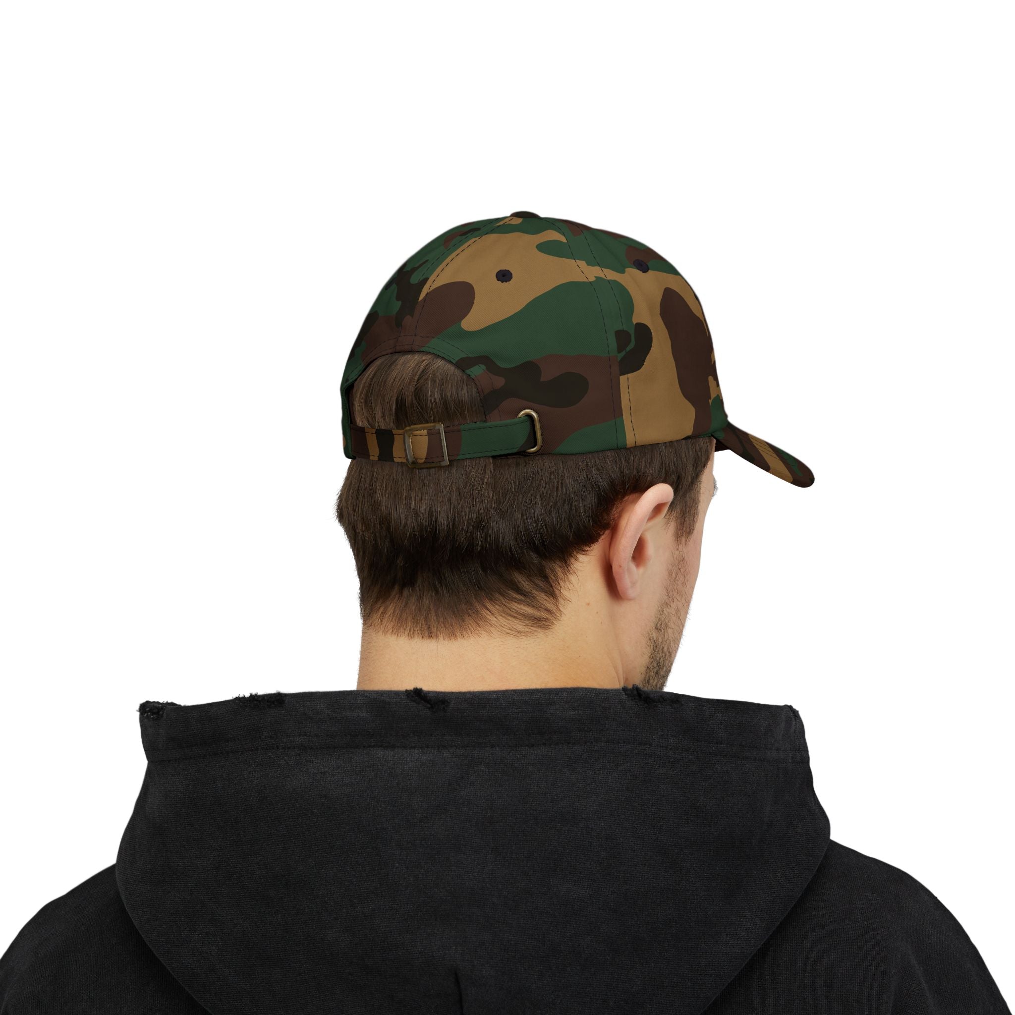 Back view of a man wearing a green camo cap