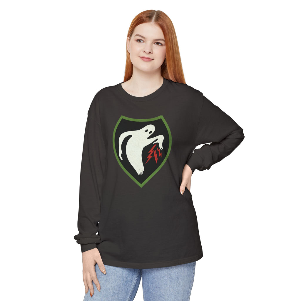 Woman wearing Ghost Army patriotic long sleeve t-shirt in graphite