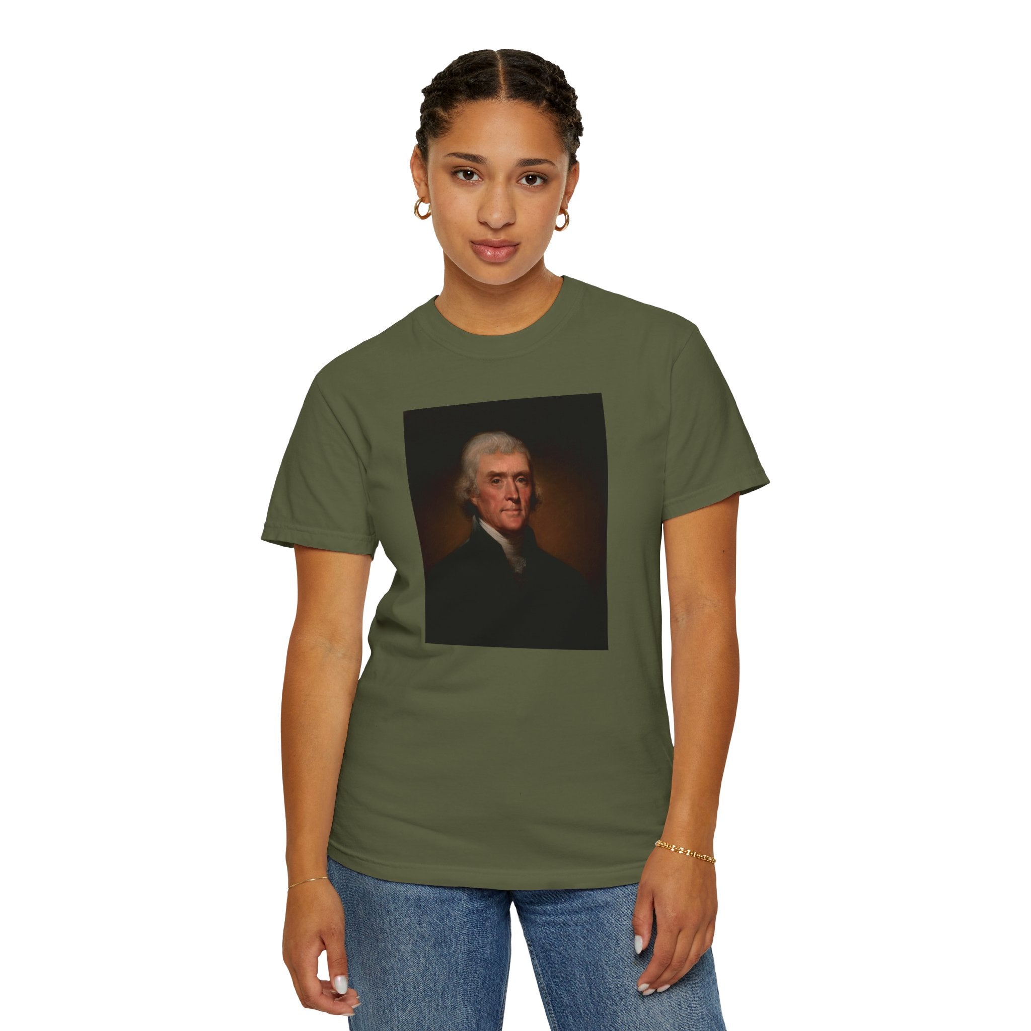 Woman wearing Thomas Jefferson portrait t-shirt, hemp