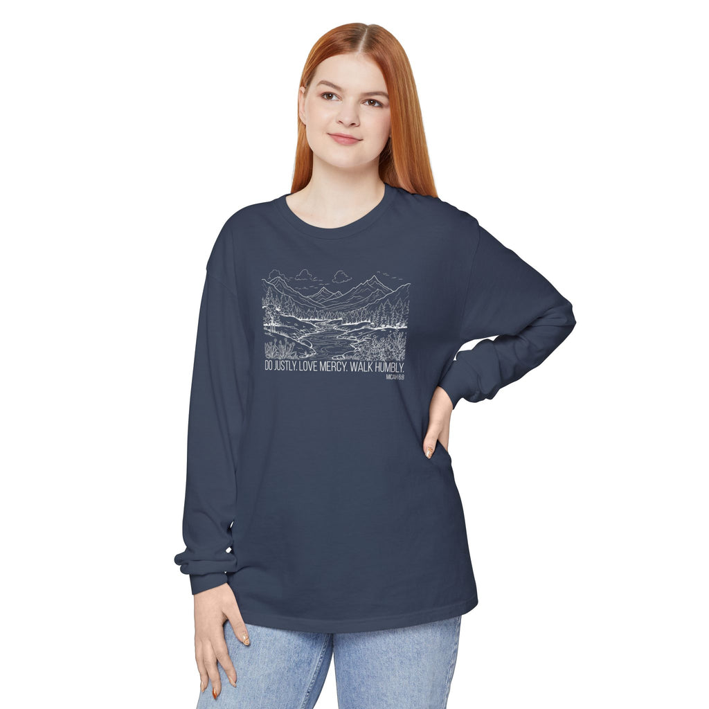Woman wearing Micah 6:8 Christian long sleeve t-shirt in Midnight