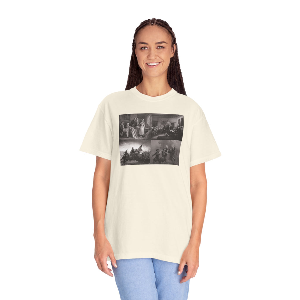 Woman wearing an oversized Ivory Comfort Colors t-shirt printed with a montage of four revolutionary war era paintings
