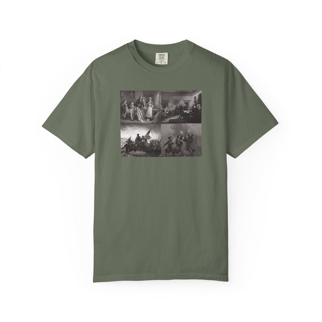Moss Comfort Colors t-shirt printed with a montage of four revolutionary war era paintings