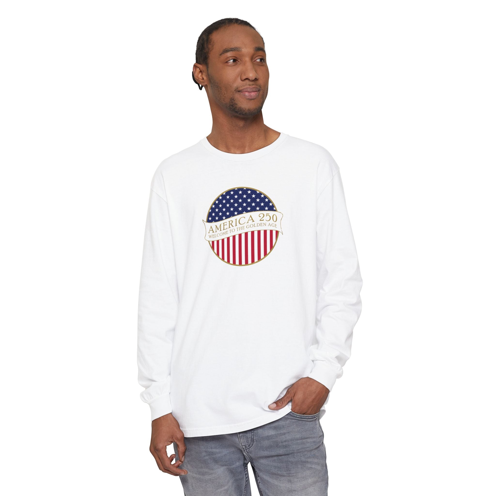Man wearing a long sleeve White Comfort Colors t-shirt with America 250 design