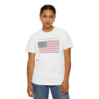 Woman wearing a White Comfort Colors t-shirt with distressed American flag graphic and 'They Walked Into the Wrong Republic' quote from Entheos