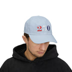 Male model wearing embroidered America 250 bold embroidered dad cap in light blue