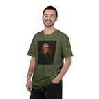 Man wearing Thomas Jefferson portrait t-shirt, hemp