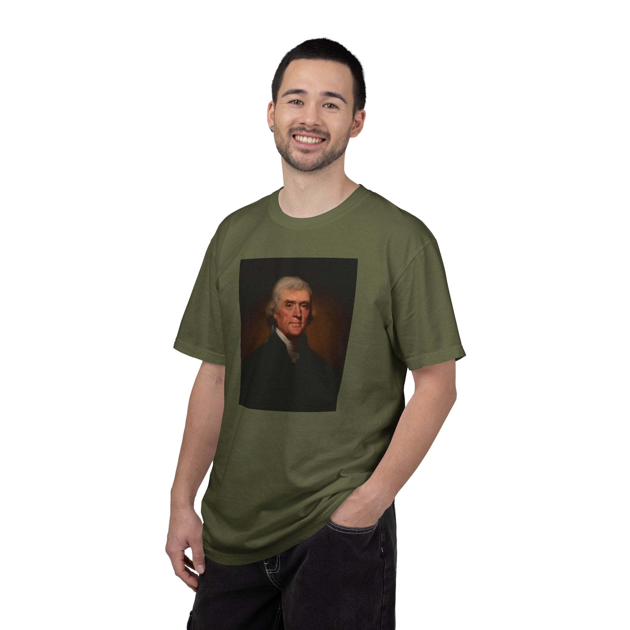 Man wearing Thomas Jefferson portrait t-shirt, hemp