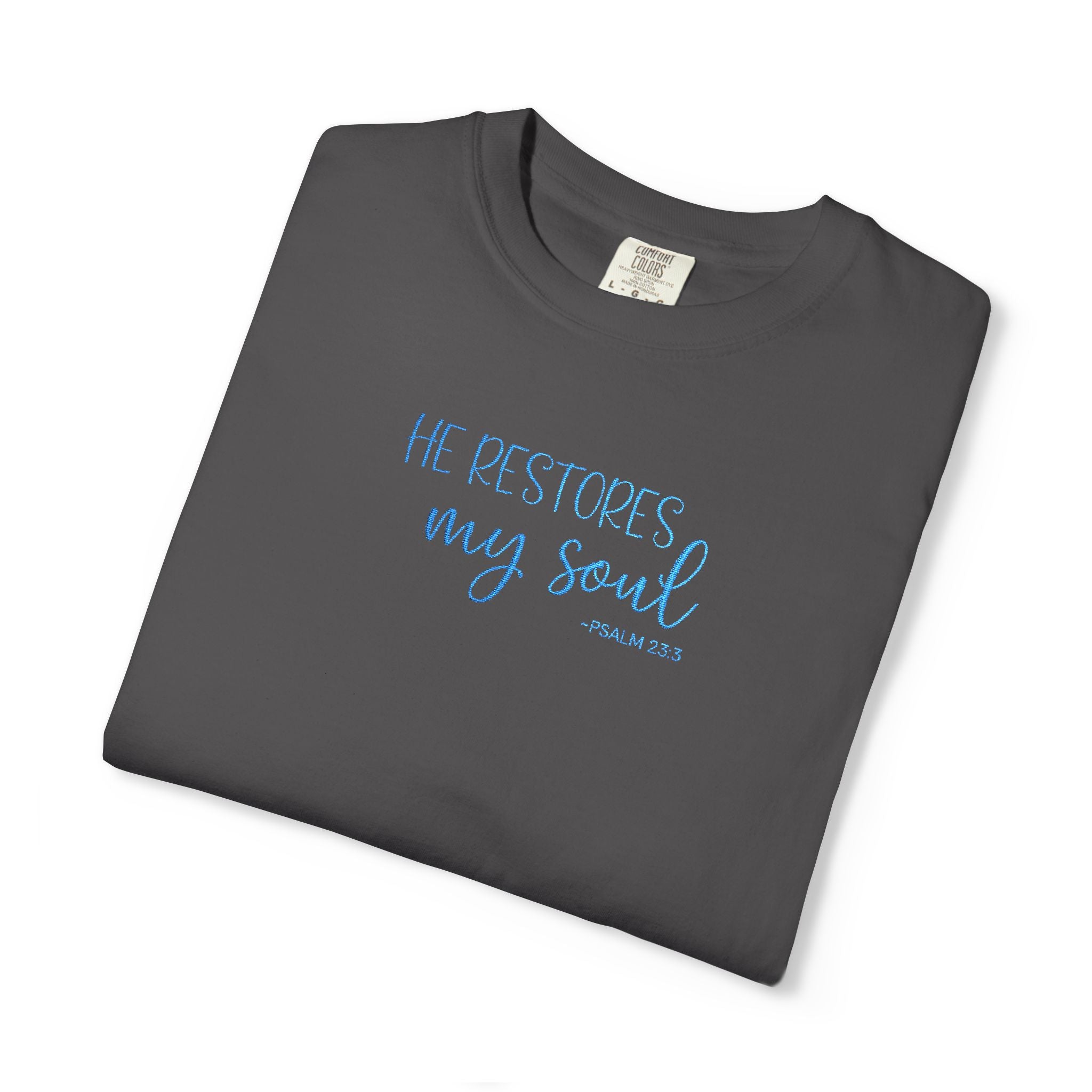 Graphite 'He Restores My Soul' t-shirt embroidered with cornflower blue thread, Psalm 23:3 design, folded