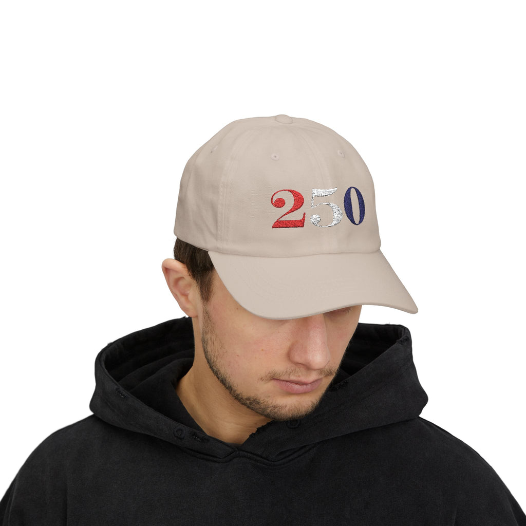 Male model wearing embroidered America 250 bold embroidered dad cap in stone