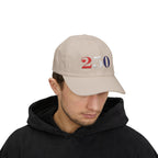 Male model wearing embroidered America 250 bold embroidered dad cap in stone