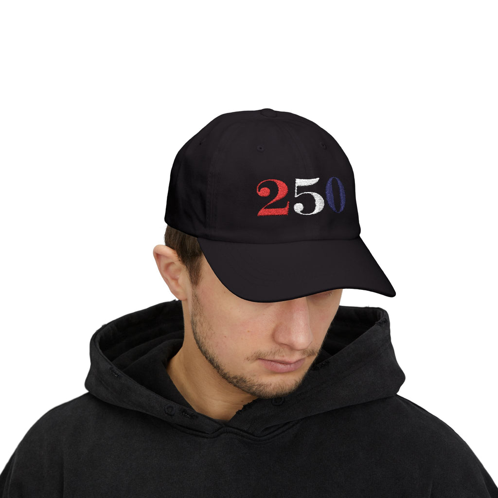 Male model wearing embroidered America 250 bold embroidered dad cap in black