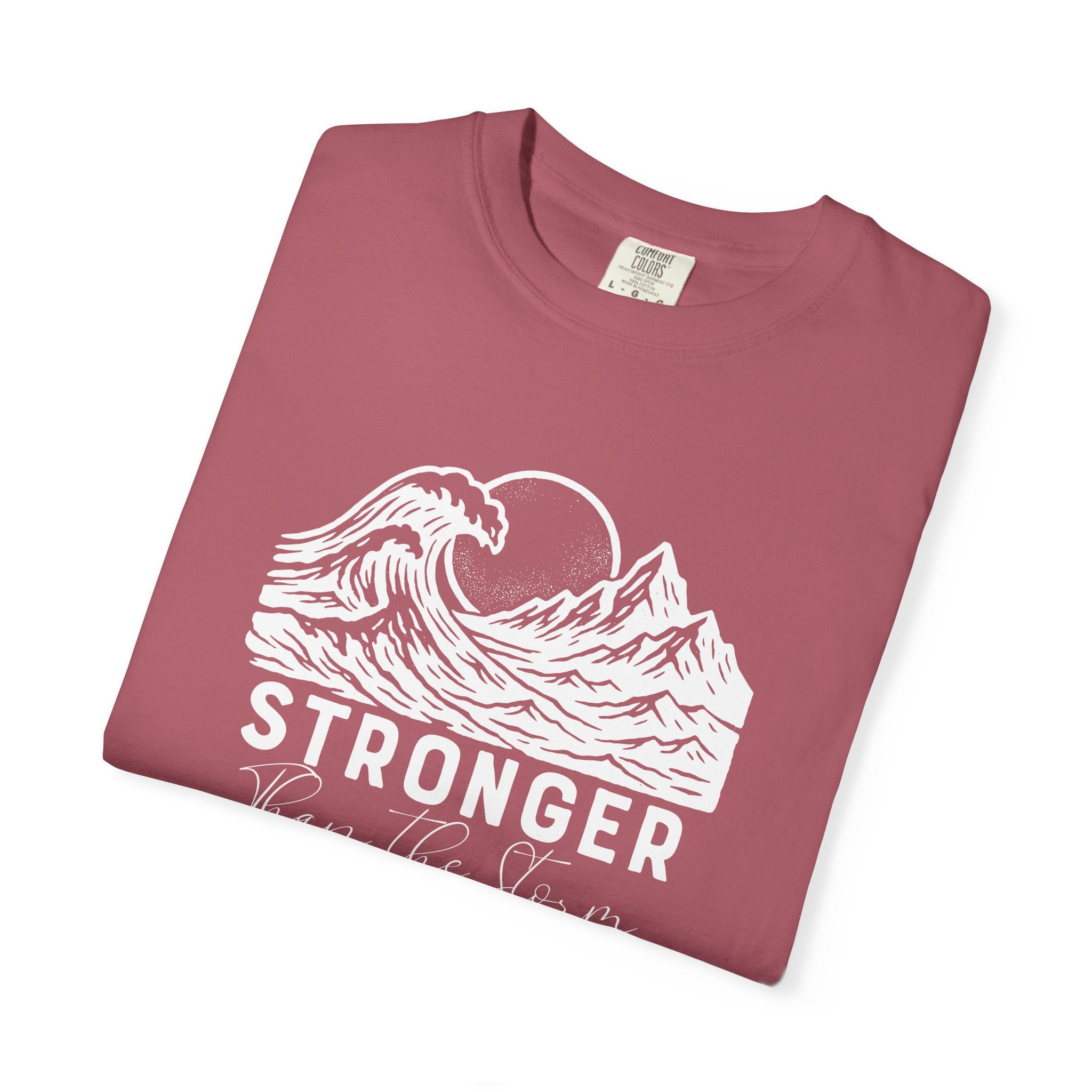 Folded Stronger Than The Storm Christian t-shirt in Crimson with a mountain wave sun design
