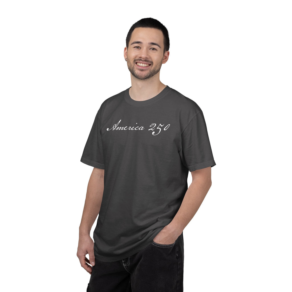 Male model wearing a graphite America 250 t-shirt