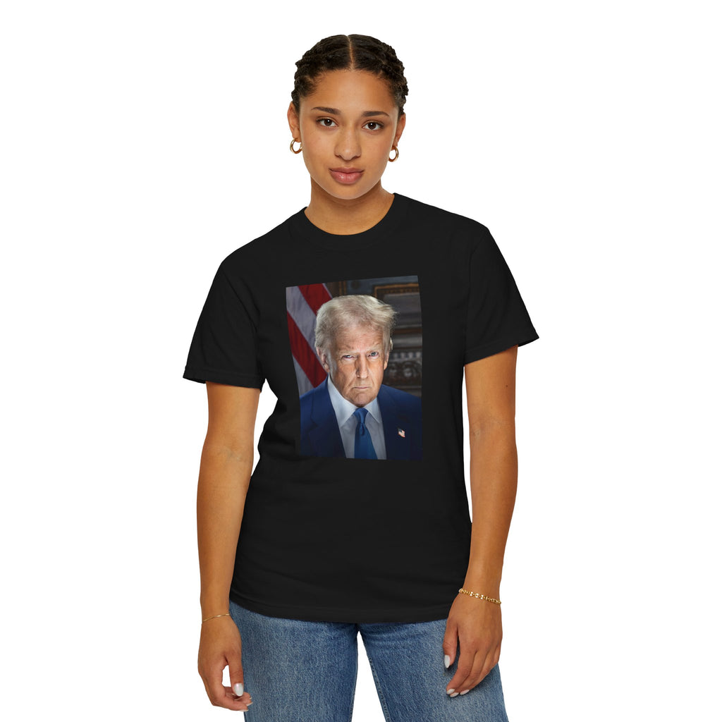 Woman wearing Donald Trump 47 patriotic t-shirt in black