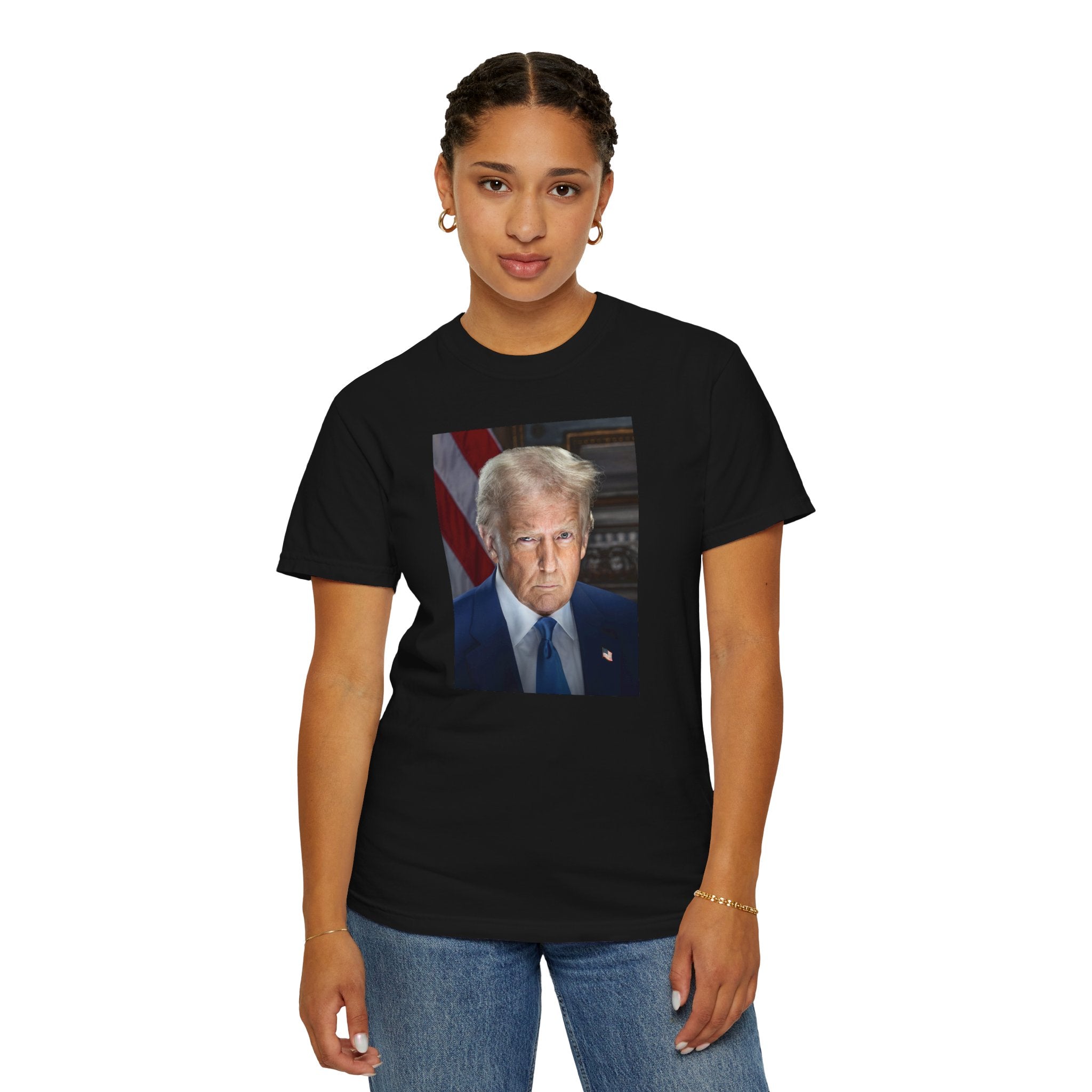 Woman wearing Donald Trump 47 patriotic t-shirt in black