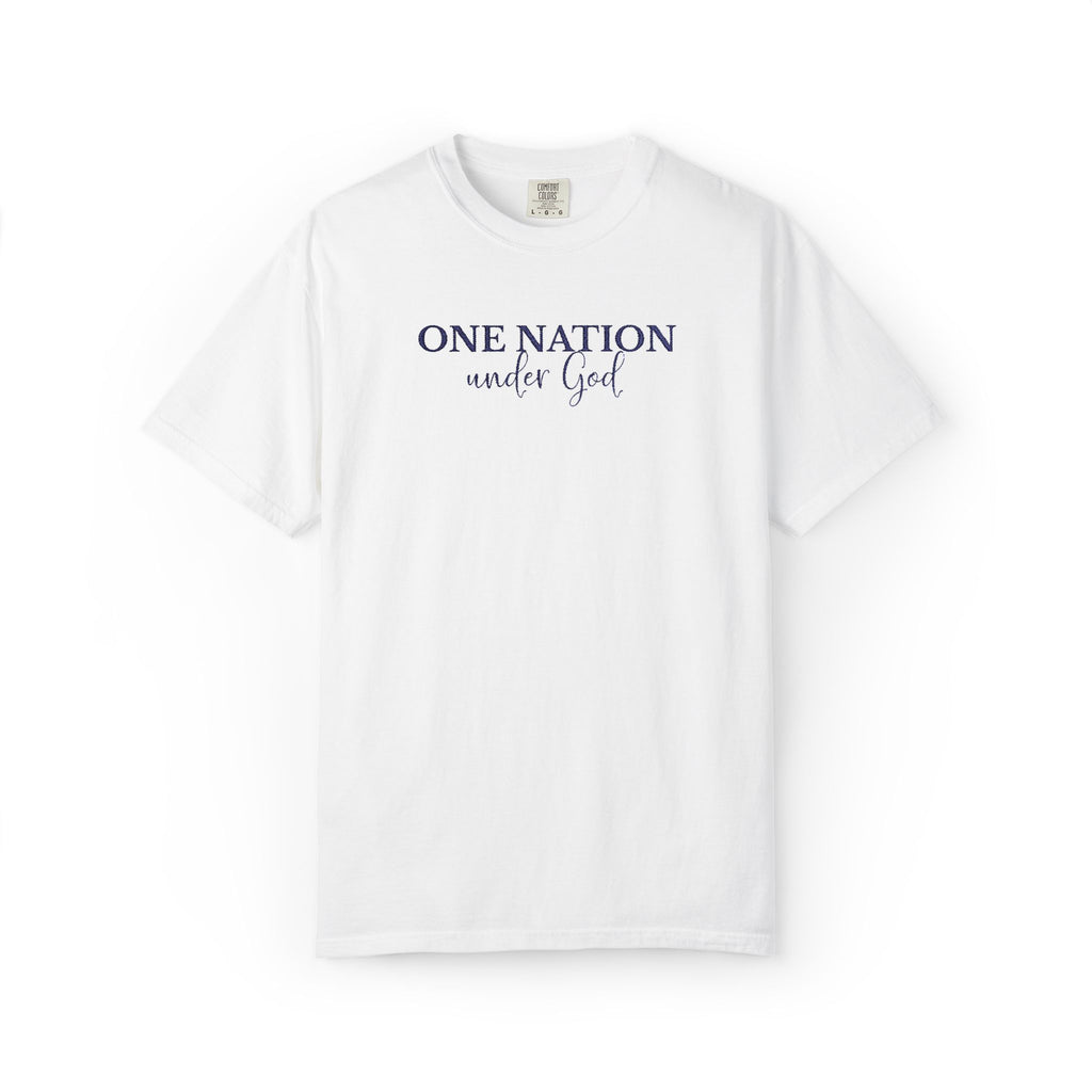 White Comfort Colors t-shirt with embroidered 'One Nation under God' in blue thread