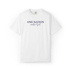 White Comfort Colors t-shirt with embroidered 'One Nation under God' in blue thread