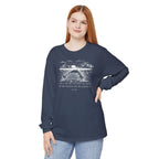 Woman wearing a long-sleeve Midnight Comfort Colors t-shirt with nature graphic and Psalm 118:24