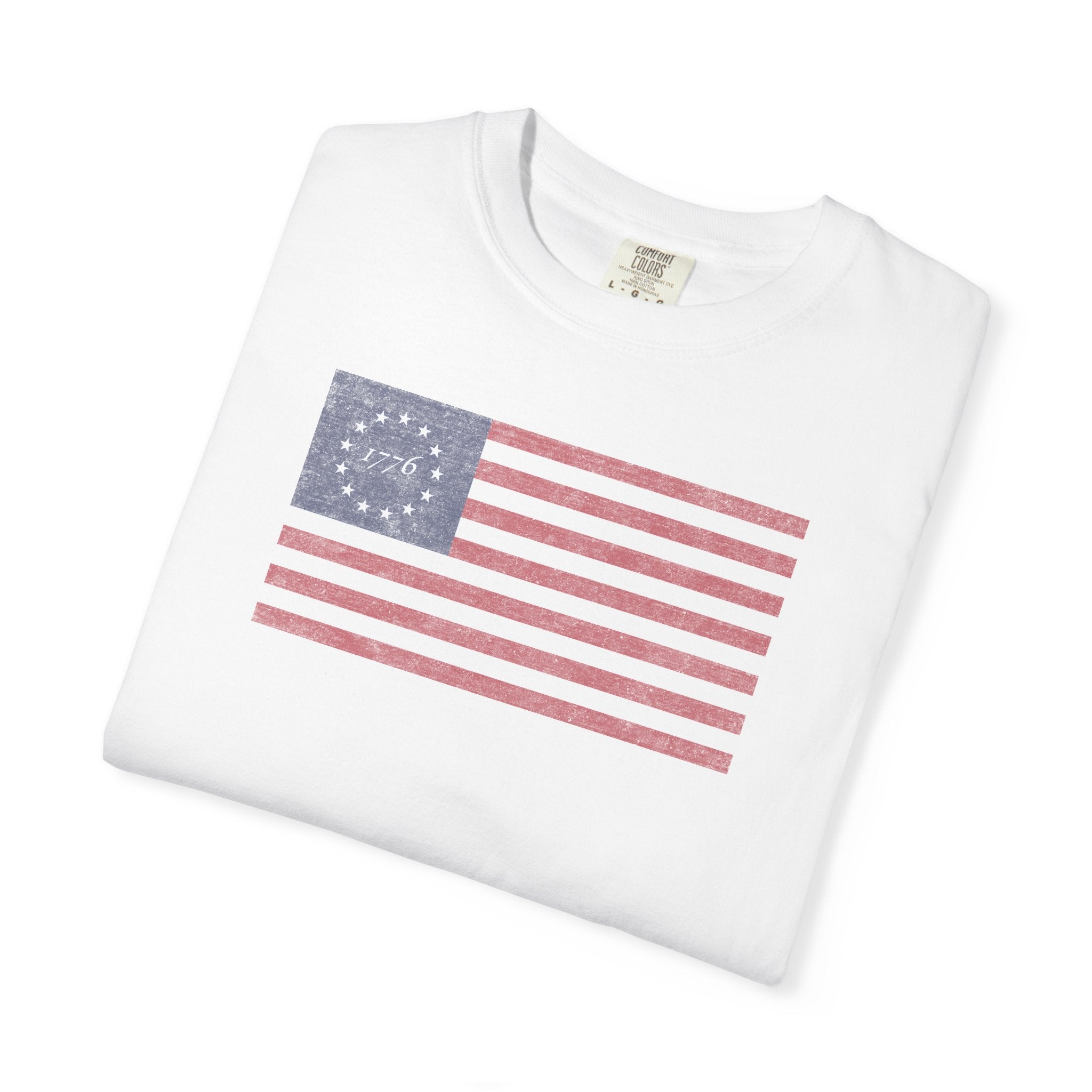 Folded distressed Betsy Ross flag 1776 t-shirt in white