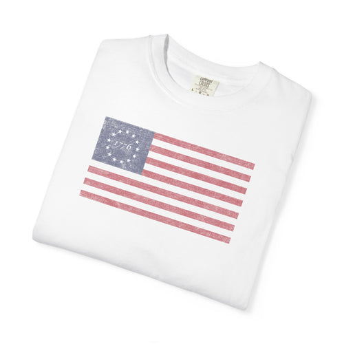Folded distressed Betsy Ross flag 1776 t-shirt in white