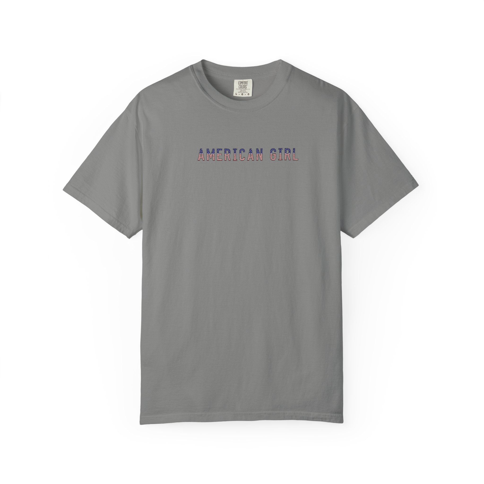 Granite colored t-shirt with 'American Girl' in patriotic stars & stripes text