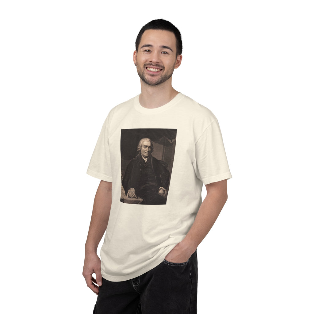 Male model wearing Samuel Adams mezzotint portrait t-shirt in ivory