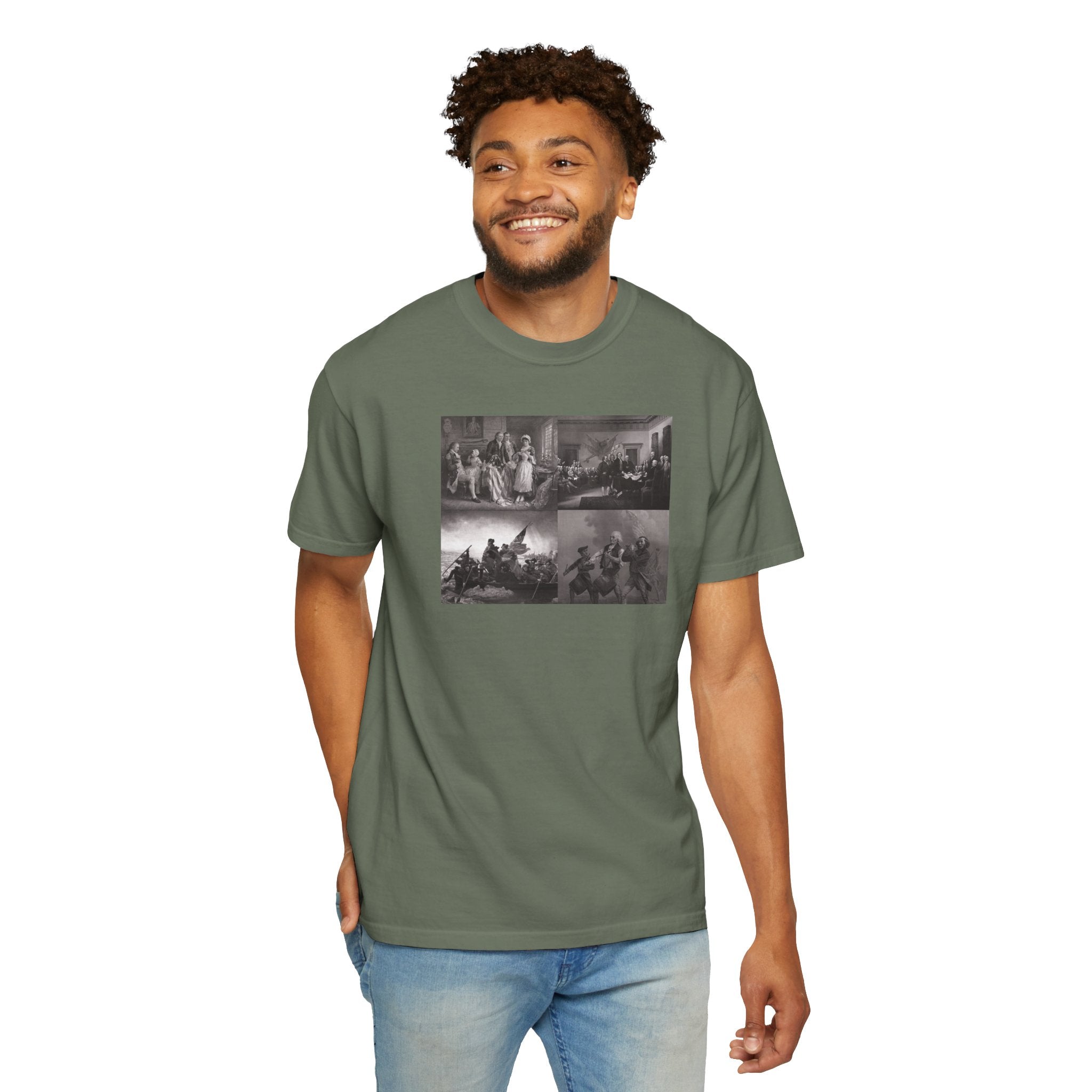 Smiling man wearing a Moss Comfort Colors t-shirt printed with a montage of four revolutionary war era paintings