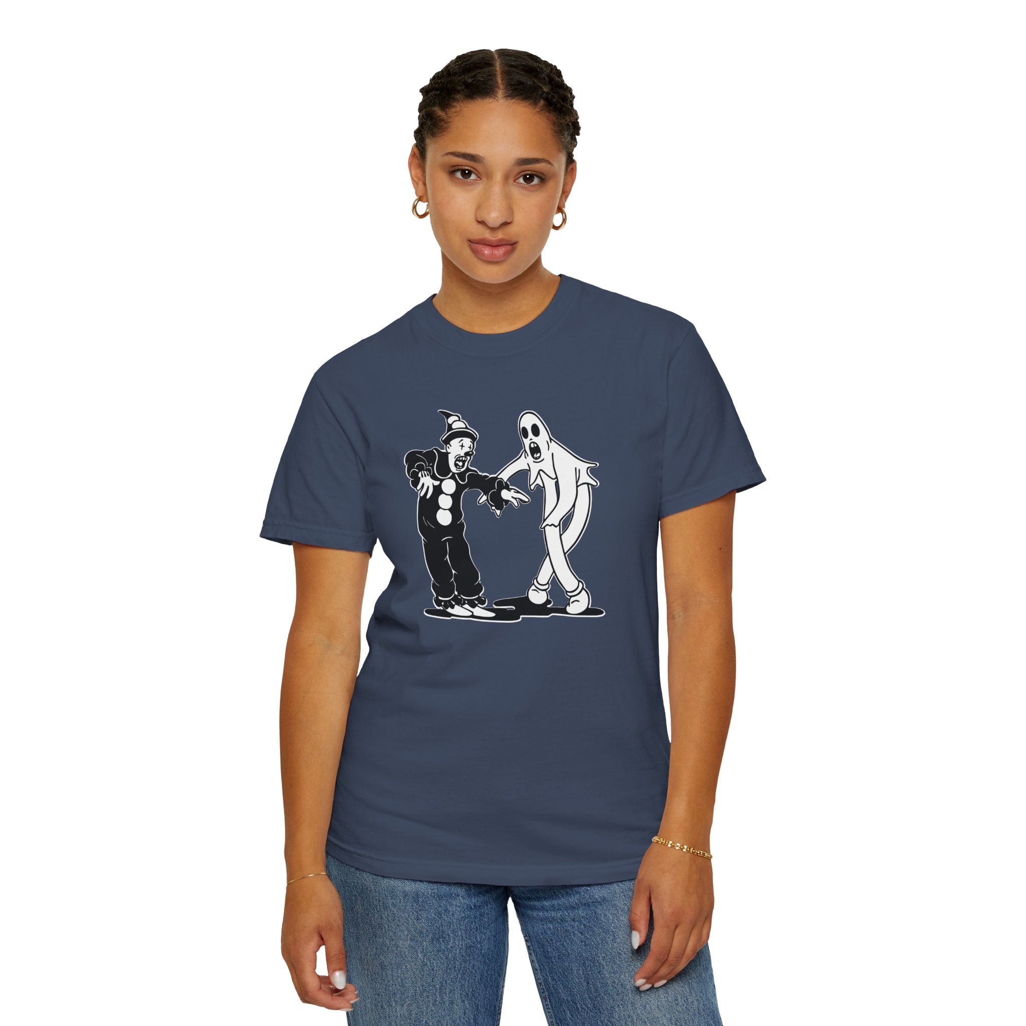 Woman wearing Koko the Clown Dancing Ghost meme t-shirt in midnight