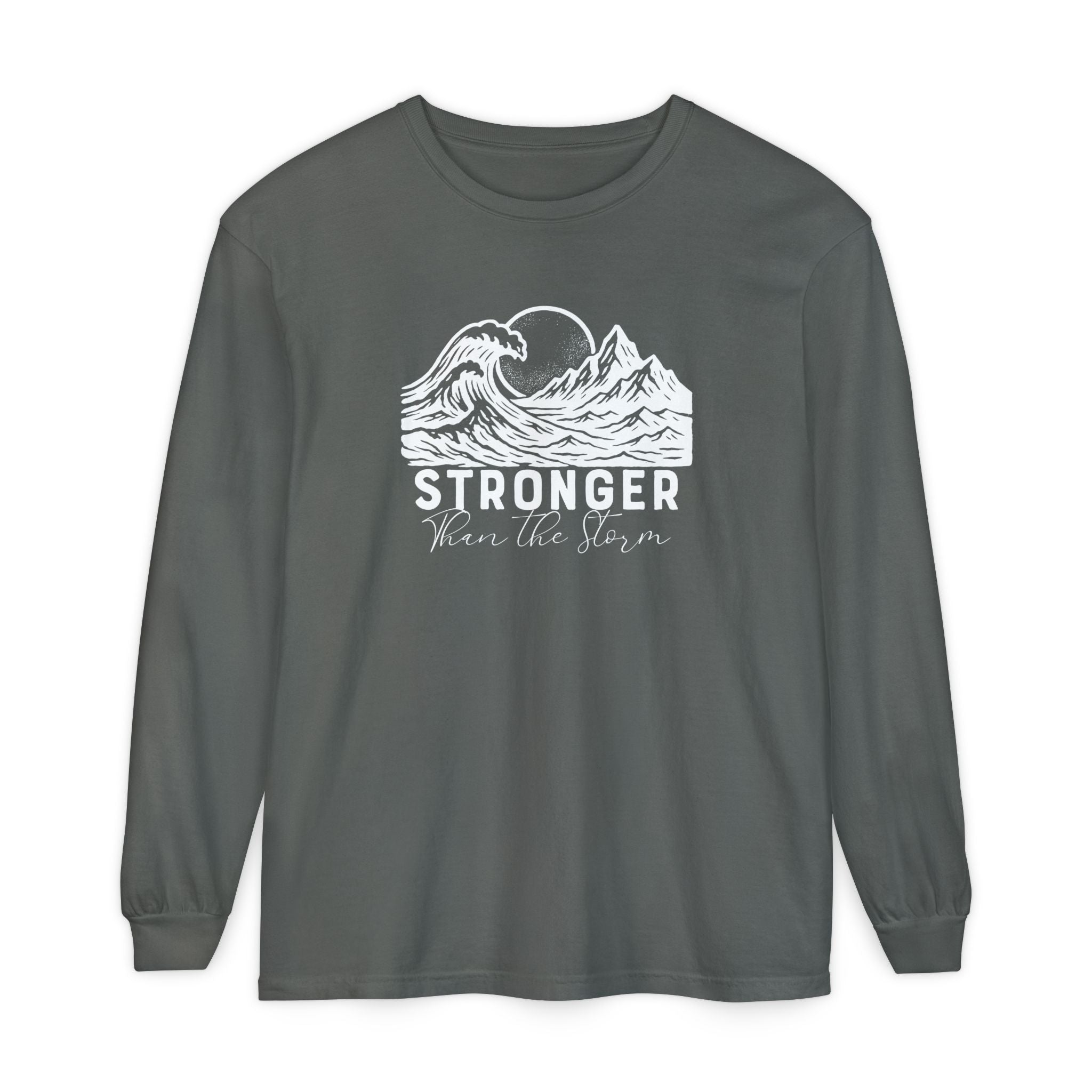 Stronger Than The Storm Christian long sleeve t-shirt in pepper