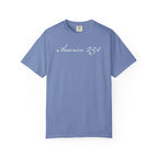 America 250 script patriotic t-shirt with  elegant script lettering in washed denim