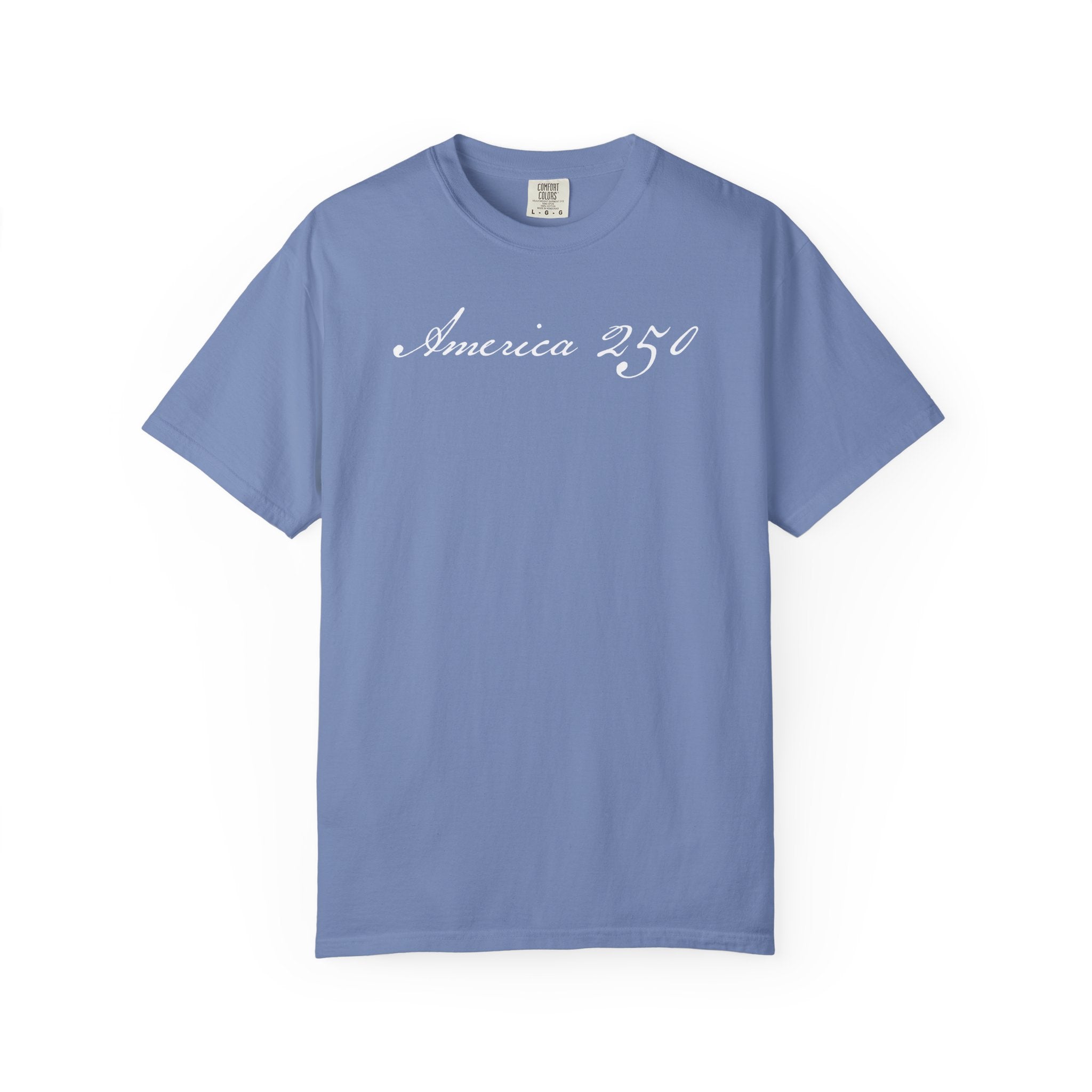 America 250 script patriotic t-shirt with  elegant script lettering in washed denim