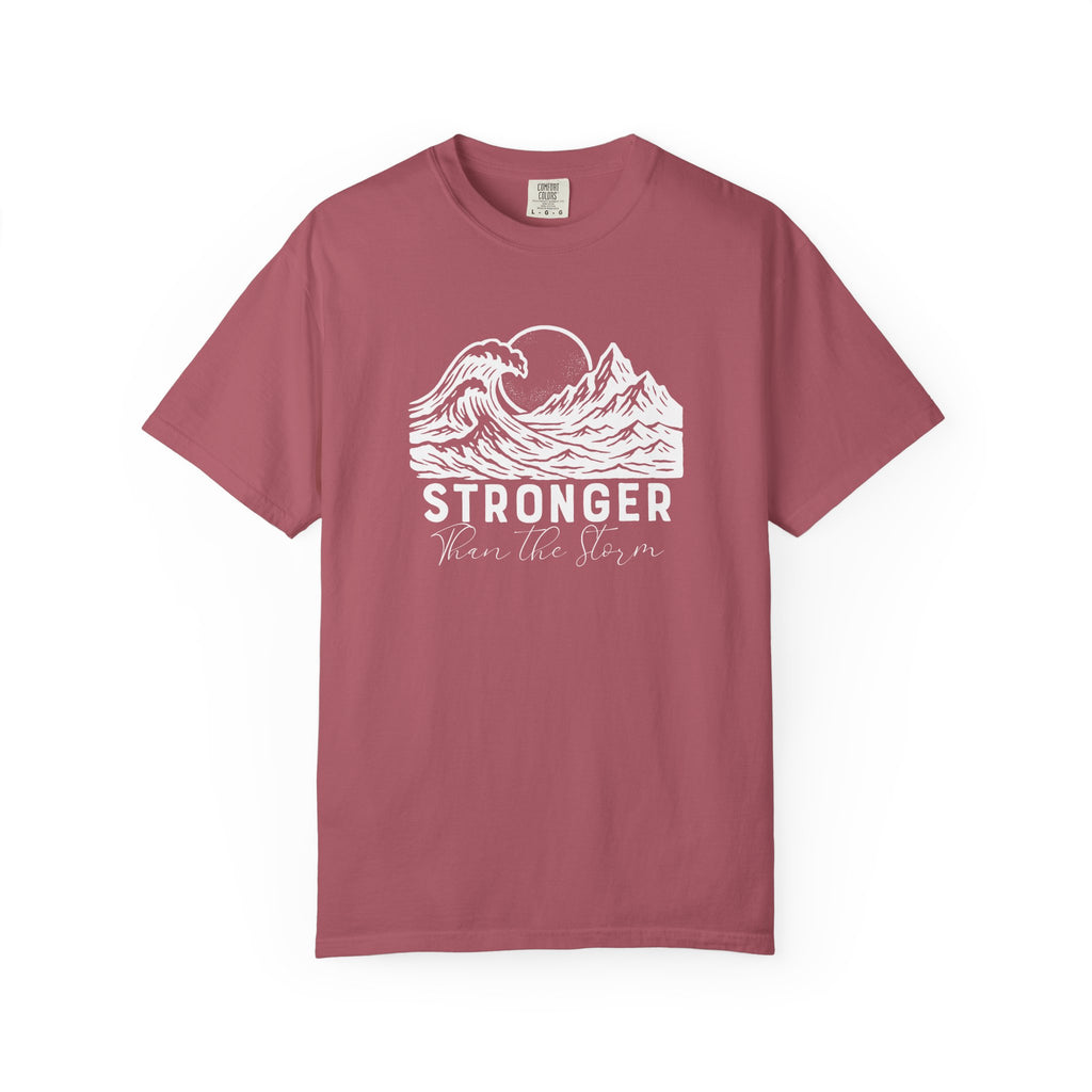 Stronger Than The Storm Christian t-shirt in crimson with a mountain wave sun design