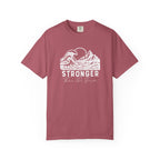 Stronger Than The Storm Christian t-shirt in crimson with a mountain wave sun design