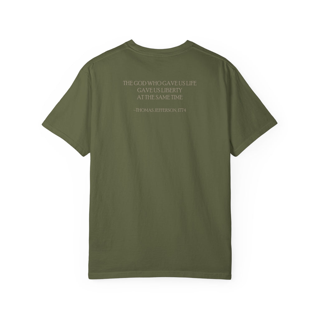 Back view of Thomas Jefferson tee with 'God Gave Us Life Gave Us Liberty' quote, hemp
