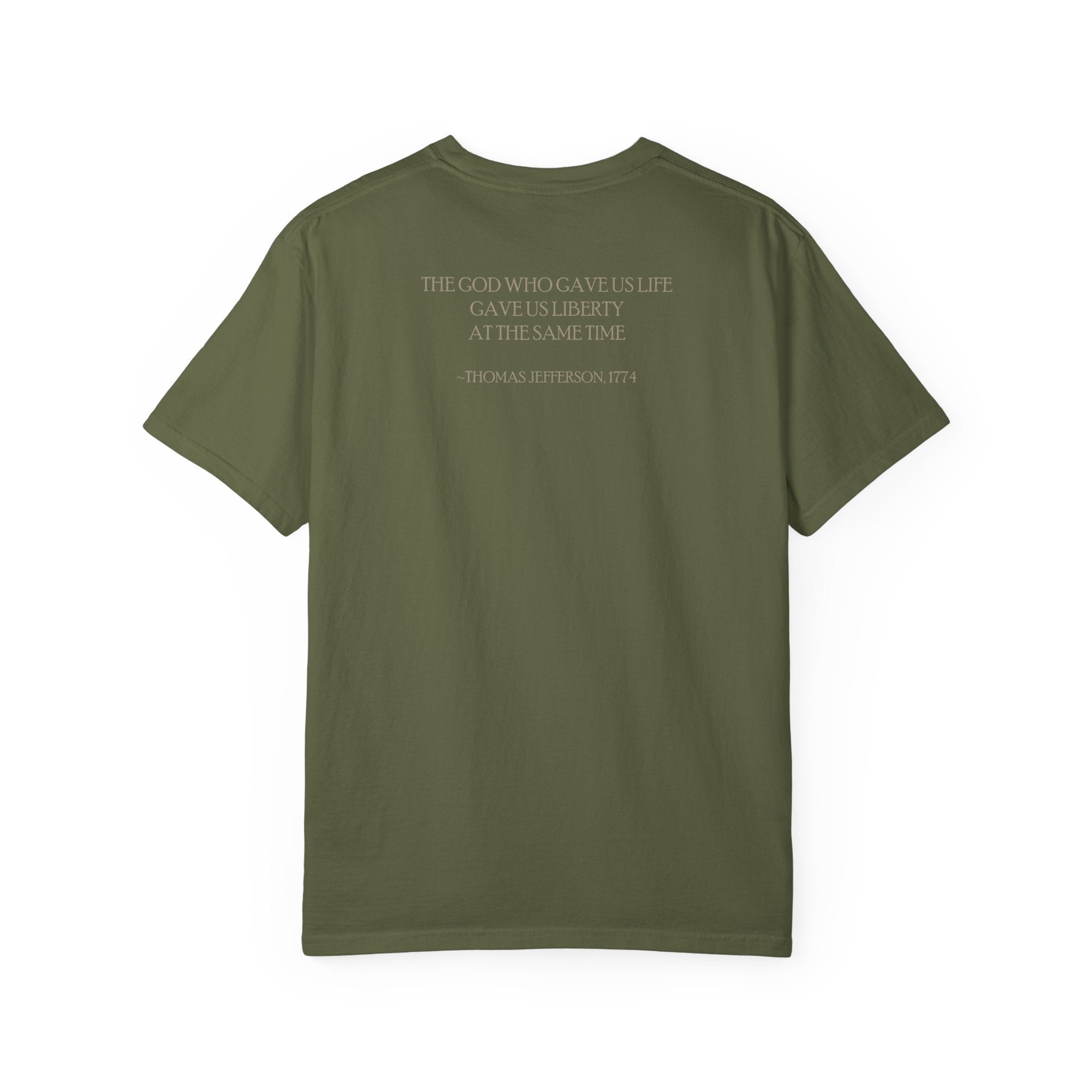 Back view of Thomas Jefferson tee with 'God Gave Us Life Gave Us Liberty' quote, hemp