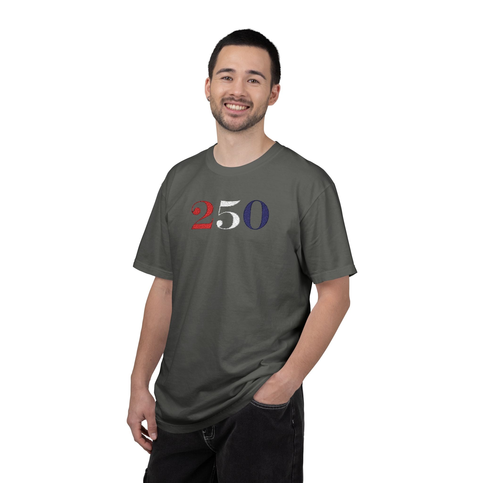 Male model wearing pepper America 250 embroidered t-shirt