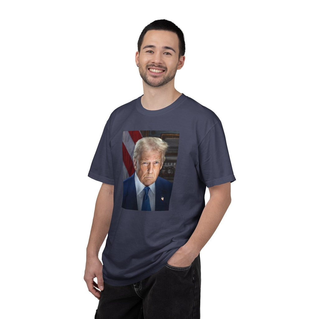 Man wearing Donald Trump 47 patriotic t-shirt in denim