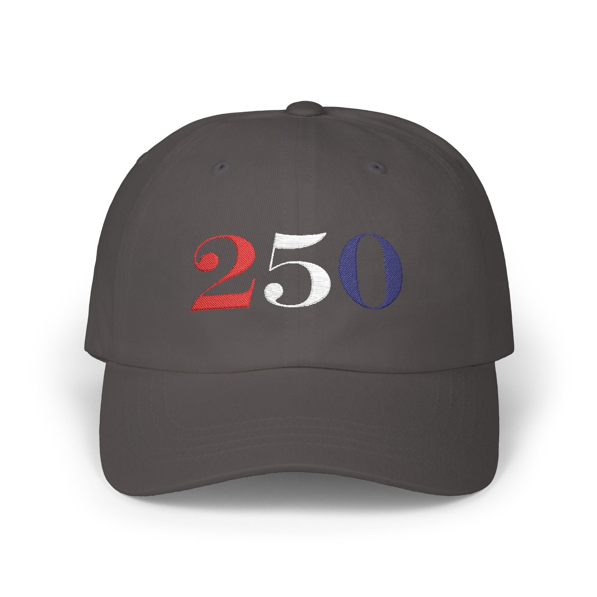 Dark grey cap with '250' embroidered with red, white, & blue thread