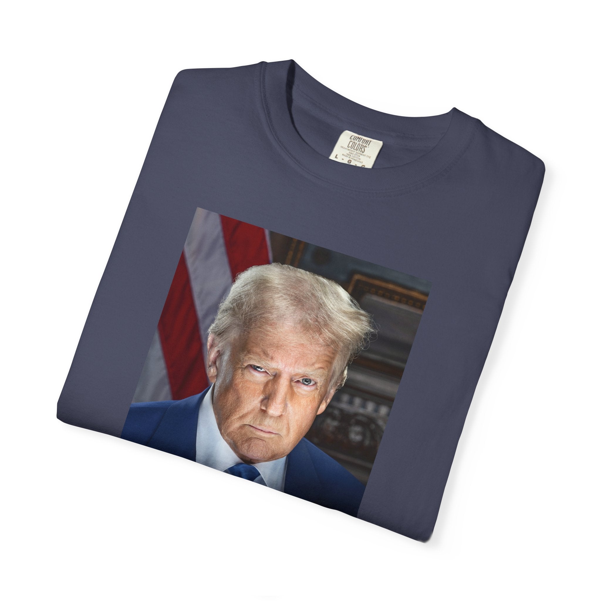 Donald Trump 47 Founders Collection portrait t-shirt with 2025 inaugural design in denim, folded