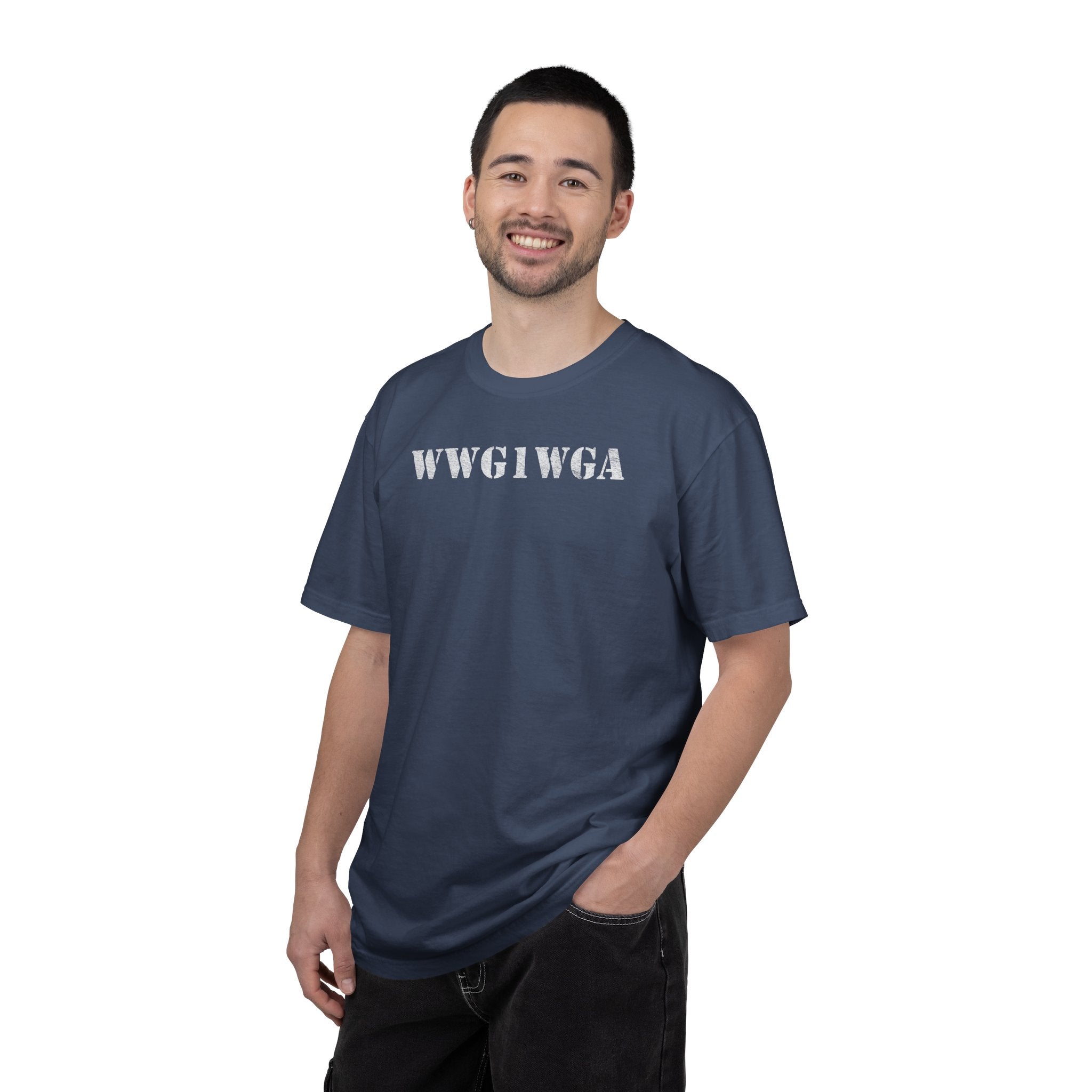 Man wearing WWG1WGA stencil t-shirt in midnight