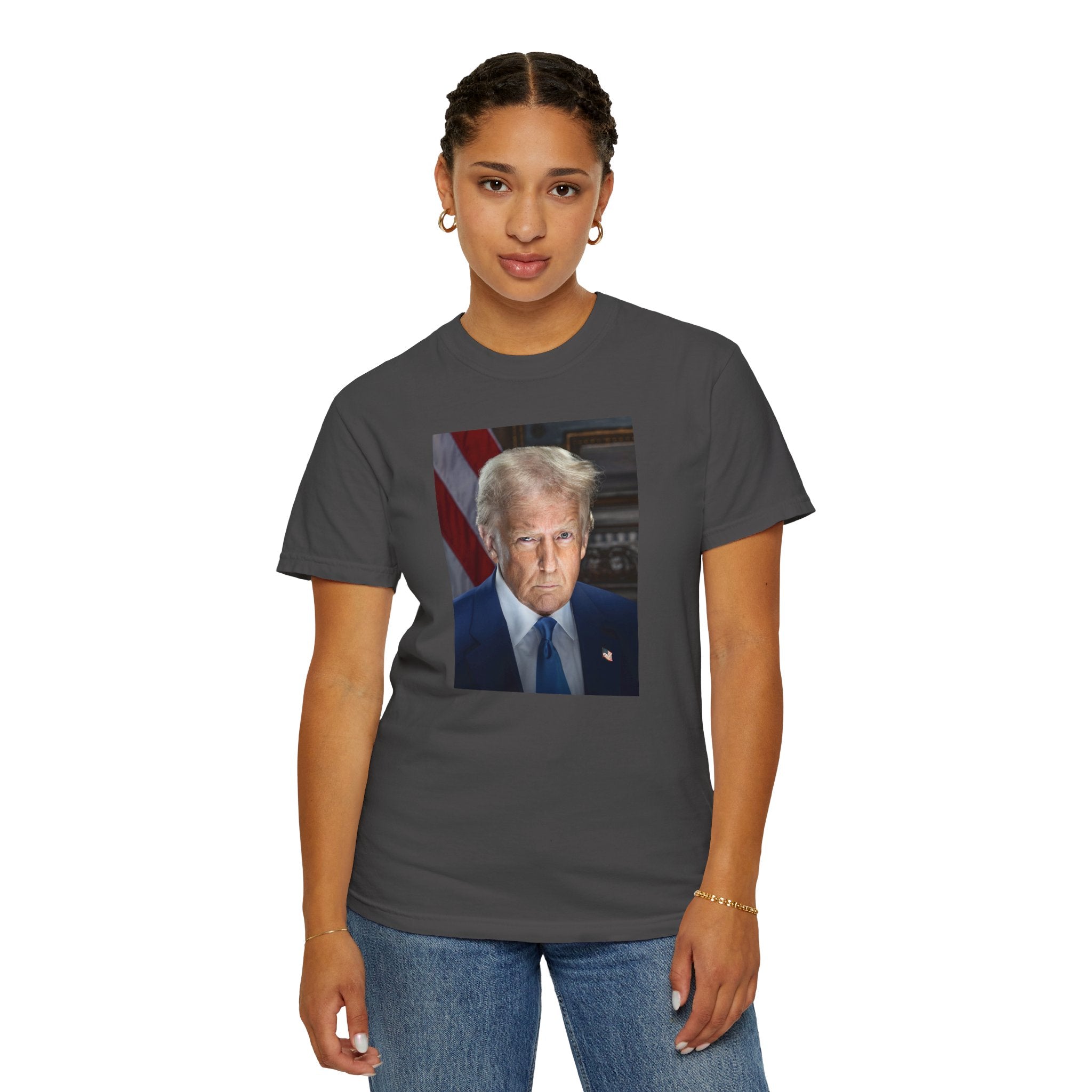 Woman wearing Donald Trump 47 patriotic t-shirt in graphite