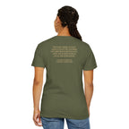 Back view of woman wearing George Washington tee with Farewell Address quote, hemp