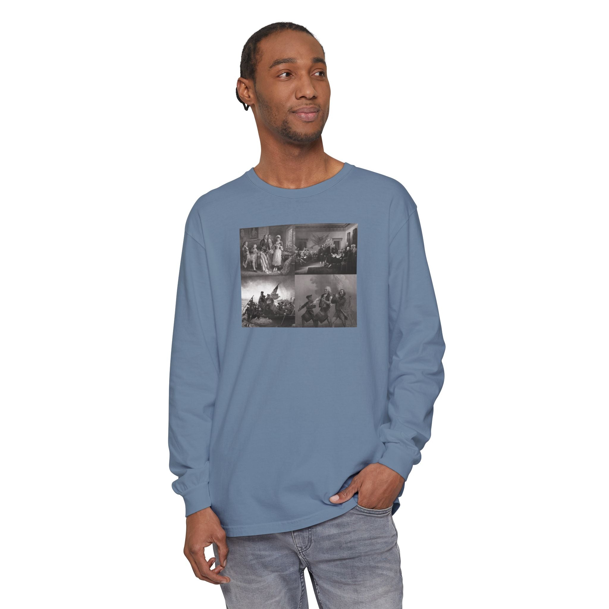 Man wearing a Blue Jean Comfort Colors t-shirt with a montage of revolutionary war era paintings