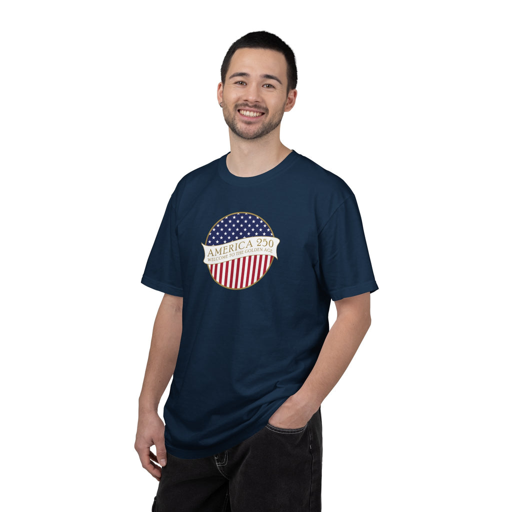 Man wearing a True Navy Comfort Colors t-shirt with an America 250 design with text 'America 250 Welcome to the Golden Age'