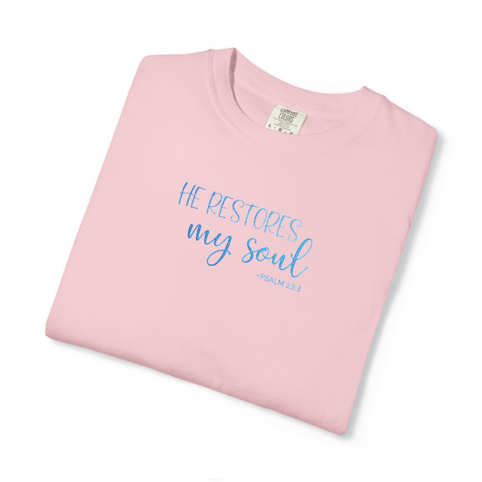 Blossom 'He Restores My Soul' t-shirt embroidered with cornflower blue thread, Psalm 23:3 design, folded