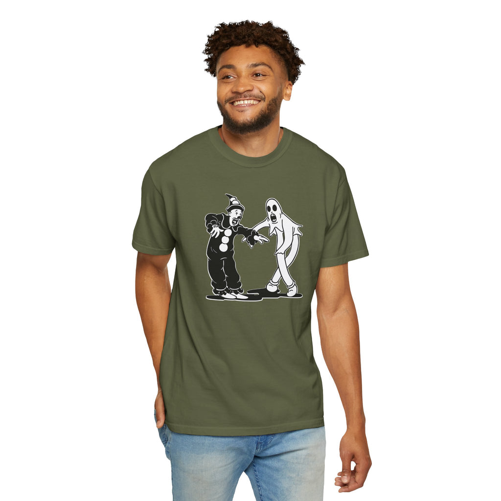 Smiling man wearing Koko the Clown Dancing Ghost meme t-shirt in hemp