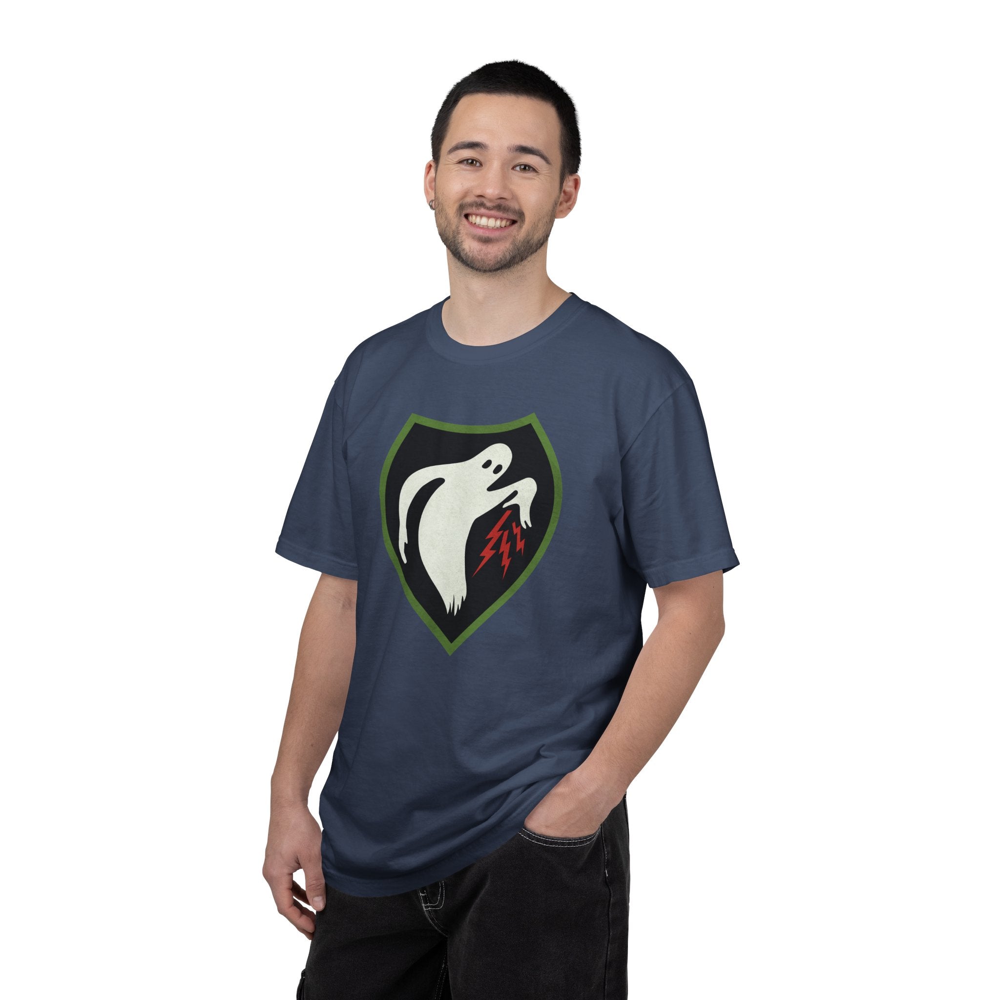 Man wearing Ghost Army patriotic t-shirt in midnight