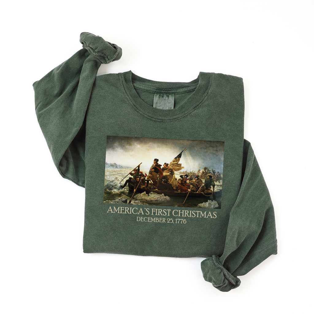 Folded long sleeve Hemp Comfort Colors t-shirt with Leutze's 'Washington Crossing the Delaware' and 'America's First Christmas December 25, 1776 printed beneath