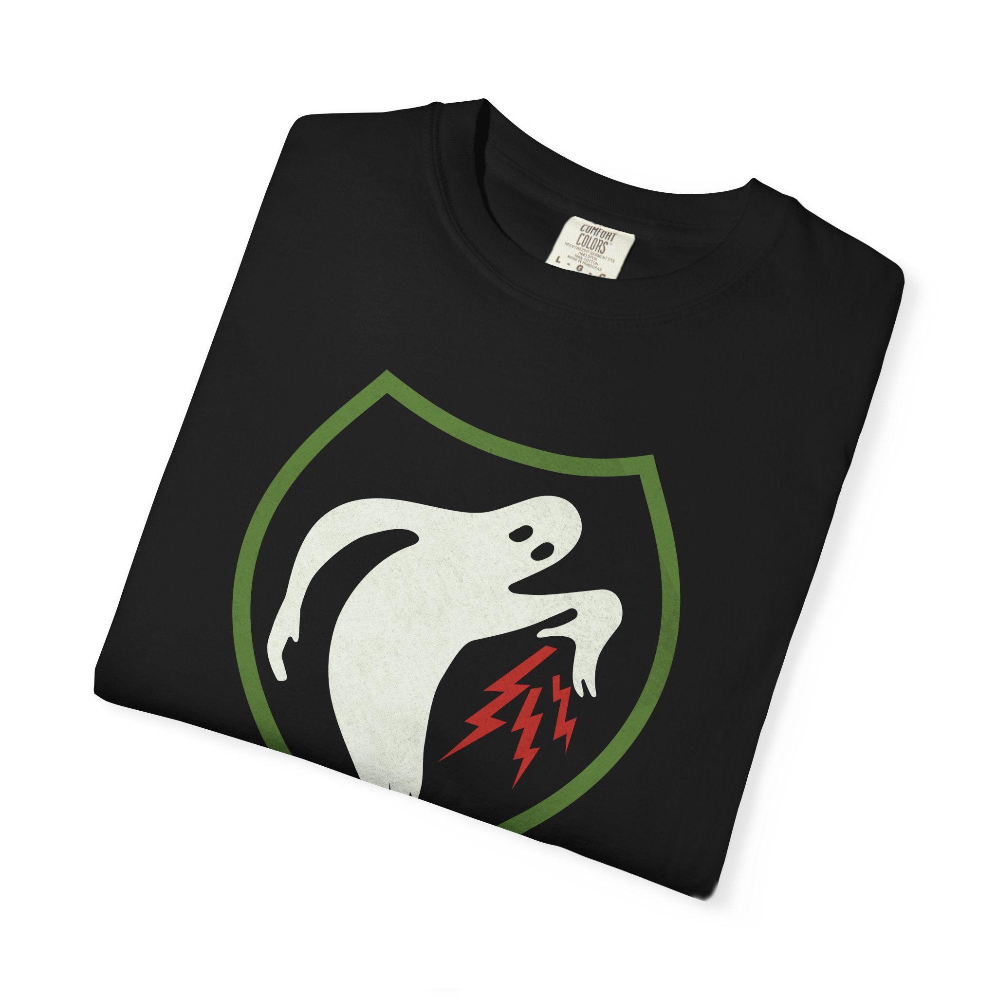 Folded Ghost Army 23rd Special Troops WWII insignia t-shirt in black on Comfort Colors blank