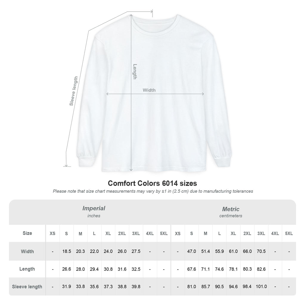 Size chart for Comfort Colors 6014 long sleeve t-shirts in Black, White, Crimson, Granite, Graphite, True Navy, Pepper, Hemp, Midnight, Light Green, Blue Jean, Chambray, Blossom